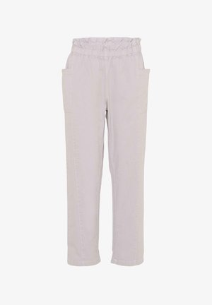 Jasnoszare bawełniane spodnie z falbanową elastyczną talią, bocznymi kieszeniami, prostymi nogawkami i subtelnymi detalami przeszyć.