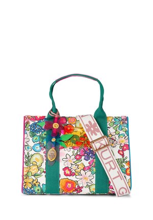 Borsa tote con manici verdi, motivo floreale multicolore vivace, ciondolo decorativo a forma di fiore e tracolla bianca regolabile con testo "KURT G".