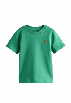 Grøn kortærmet bomuld T-shirt med rund hals og lille orange hummelbroderi på venstre bryst.