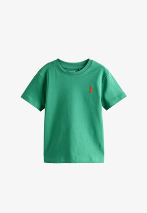 Zöld rövid ujjú pamut póló kerek nyakkal és kis narancssárga homár hímzéssel a bal mellrészen.