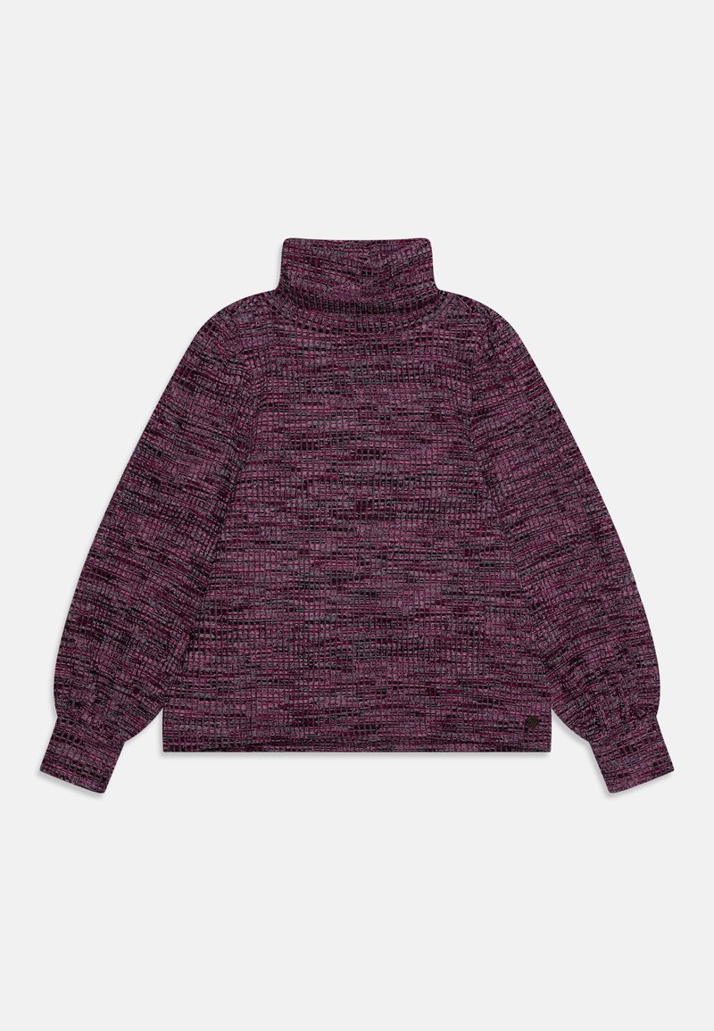 Μωβ ζιβάγκο πουλόβερ με υφή, φουσκωτά μανίκια και cropped εφαρμογή. Φτιαγμένο από μαλακό, ελαστικό πλεκτό υλικό.