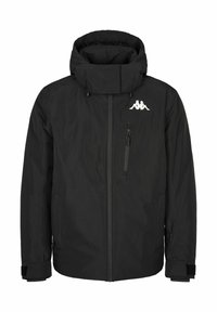 Schwarze isolierte Jacke mit hohem Kragen, Reißverschluss vorne, großer Kapuze, verstellbaren Manschetten und einem Logo auf der Brust. Verfügt über eine seitliche Reißverschlusstasche.