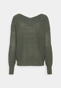 Pull en maille verte avec un large col en V, manches longues et poignets côtelés. Présente un tissage texturé et un ourlet inférieur ajusté.