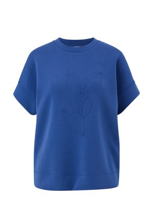 Niebieski bawełniany sweatshirt z okrągłym dekoltem, krótkimi rękawami i wytłoczonym wzorem liścia z przodu. Charakteryzuje się luźnym krojem i gładką teksturą.