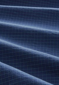 Tessuto blu navy con un motivo a griglia di colore azzurro. La texture sembra morbida con pieghe visibili e una leggera lucentezza.