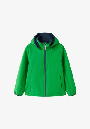Groene waterdichte jas met een capuchon, ritssluiting en twee zijzakken. De binnenkant heeft een marineblauwe voering; gemaakt van glad, duurzaam materiaal.