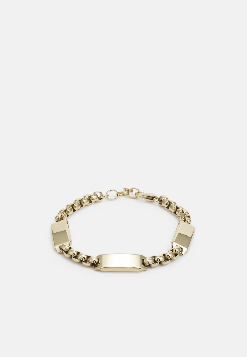 Bracciale oro con design a catena interconnessa, composto da anelli rettangolari e ovali lisci. Include un gancio per una chiusura sicura.