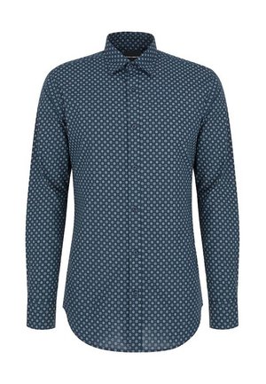 Koszula z długim rękawem w ciemnoniebieskim kolorze z okrągłym wzorem w kropki. Posiada zapięcie na guziki z przodu oraz klasyczny kołnierzyk. Miękka w dotyku.