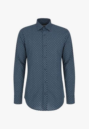 Koszula z długim rękawem w ciemnoniebieskim kolorze z okrągłym wzorem w kropki. Posiada zapięcie na guziki z przodu oraz klasyczny kołnierzyk. Miękka w dotyku.