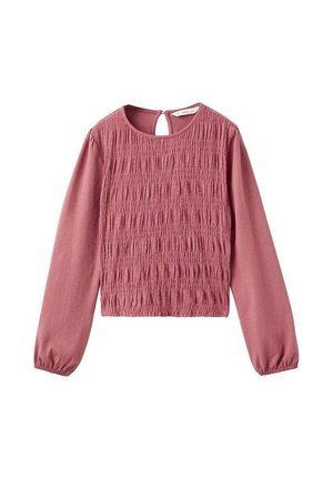 T-shirt à manches longues en tissu rose doux et texturé, avec un devant et un dos froncés, un col rond et une découpe en forme de clé au dos.