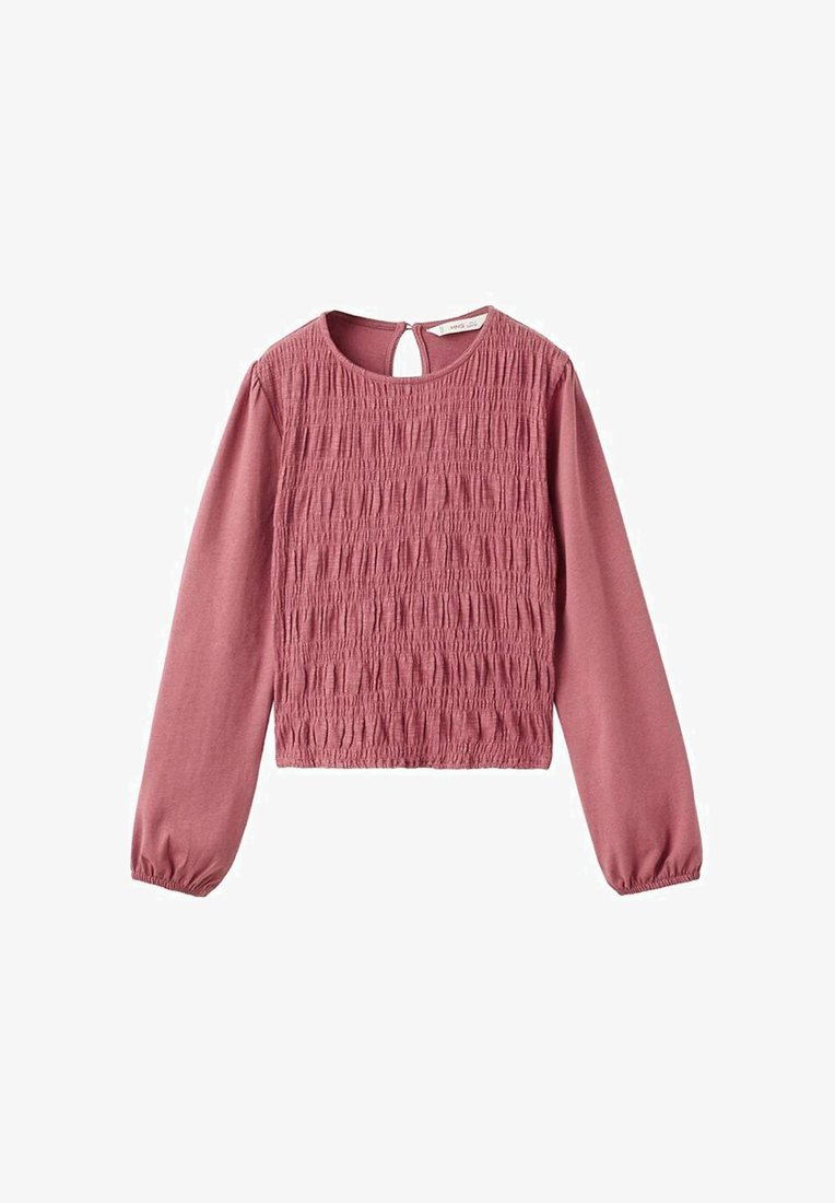 Top a maniche lunghe in morbido tessuto rosa testurizzato con parte anteriore e posteriore arricciata, scollatura tonda e apertura a occhiello nella parte posteriore del collo.