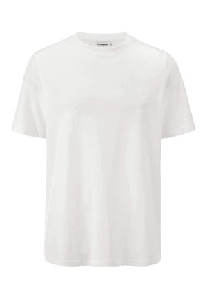 Schlichtes weißes T-Shirt mit kurzen Ärmeln und Rundhalsausschnitt, mit einem kleinen Nackenetikett, das den Markennamen zeigt.