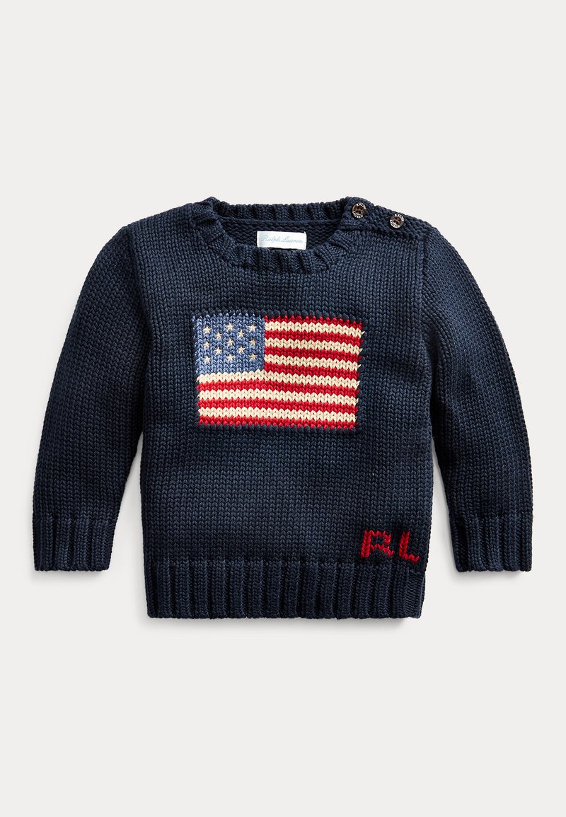 Maglione per neonati blu navy lavorato a maglia con motivo della bandiera americana sul davanti e iniziali rosse RL vicino all'orlo, con due bottoni sulla spalla.