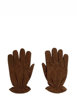 Guantes de ante marrón con un acabado texturizado, que cuentan con cinco dedos, puños elásticos y detalles cosidos en la parte posterior.