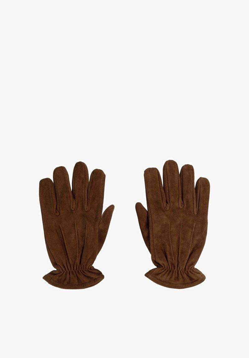 Guantes de ante marrón con un acabado texturizado, que cuentan con cinco dedos, puños elásticos y detalles cosidos en la parte posterior.