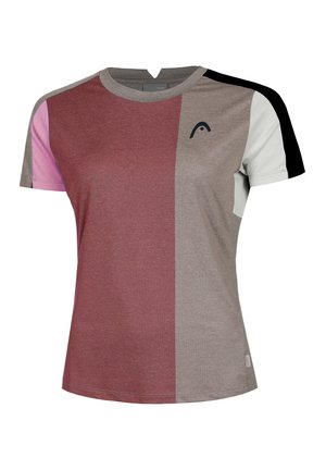 T-shirt de sport à manches courtes avec un design en blocs de couleurs maroon, rose, gris, blanc et noir ; fabriqué à partir d'un tissu respirant avec un col rond.