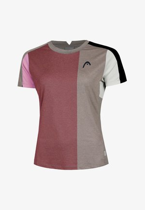 T-shirt de sport à manches courtes avec un design en blocs de couleurs maroon, rose, gris, blanc et noir ; fabriqué à partir d'un tissu respirant avec un col rond.