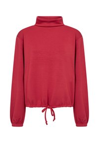 Red long-sleeve top with a high neck, cinched hem featuring a drawstring, and elasticated cuffs. Made from a soft, lightweight material.