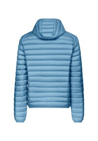 Doudoune légère bleue avec capuche, présentant une texture lisse, un design matelassé horizontal et des poignets élastiques. Vue arrière affichée.