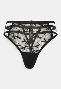 Tanga preta com detalhes em rede transparente e padrão floral, apresentando acentos de tiras horizontais nas laterais e um fundo de tecido sólido.