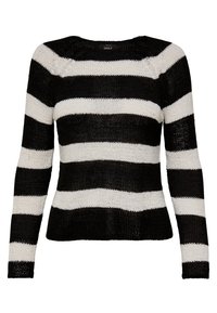 Pull en maille à manches longues rayé horizontalement en noir et blanc avec un col rond.