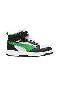 Sneaker alta bianca e nera con accenti verdi, caratterizzata da una superficie liscia, suola in gomma e cinturino in Velcro per una vestibilità sicura.