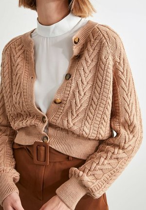Cárdigan de punto en suave beige con textura de cable, que presenta un ajuste corto, cuello redondo y botones de madera en la parte delantera.