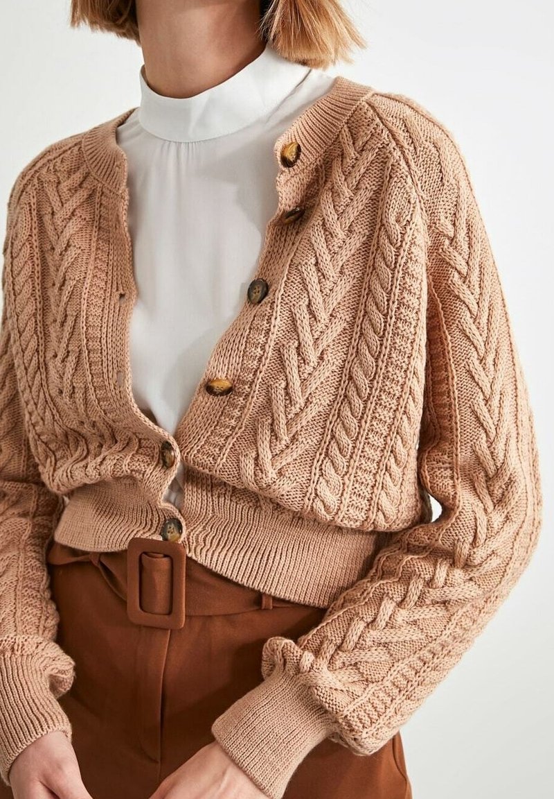 Cardigan en tricot de couleur beige doux avec une texture en cable, présentant une coupe courte, un col rond et des boutons en bois à l'avant.