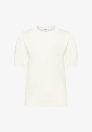 Bela kratka majica s kratkimi rokavi in okroglo ovratnikom, iz teksturirane pletenine, z rahlo napihnjenimi rokavi in ribanim robom.