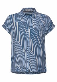 Camicia a maniche corte con bottoni in blu e bianco con un motivo a righe ondulate. Realizzata in tessuto leggero, presenta un colletto e bottoni frontali.