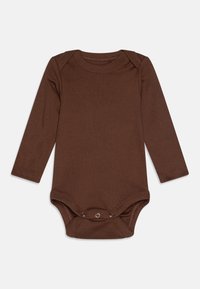 Brun långärmad bodysuit i mjukt tyg. Har rund hals och tryckknappsstängning i botten. Enkel, sömlös design.