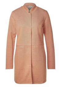 Pitkä persikka värinen takki, jossa on pystykaulus, sileä pinta, etutaskut ja suora siluetti. Valmistettu pehmeästä kankaan sekoituksesta.