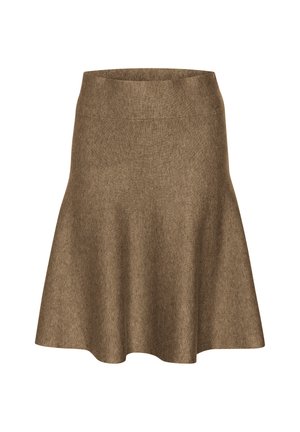 Bruine, uitlopende rok van gestructureerde stof met een brede tailleband. Heeft een gladde afwerking en een knielange zoom.
