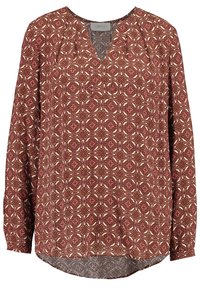 Blusa de mangas longas em vermelho e bege com um padrão geométrico, apresentando um decote em V e uma nova ligeiramente curvada. Tecido suave e estampado.