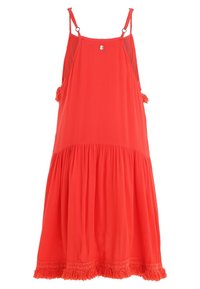 Rode mouwloze jurk met verstelbare bandjes, gestructureerde stof, gerimpelde zoom en een decoratieve zilveren knop bij de hals.