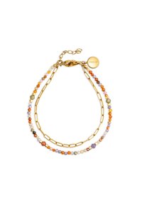 Bracciale a catena color oro con due filamenti di perline multicolori in arancione, viola, giallo e verde, con chiusura a moschettone.