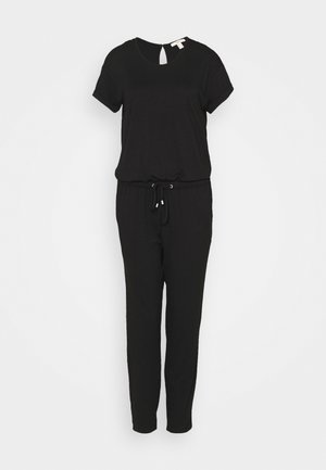 Schwarzer Jumpsuit mit kurzen Ärmeln, Kordelzug in der Taille und rundem Ausschnitt mit Schlitz und Knopfverschluss auf der Rückseite.