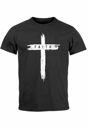 Black t-shirt made of cotton features a white brushstroke cross design with the word "FAITH" in bold, centered on the front.
