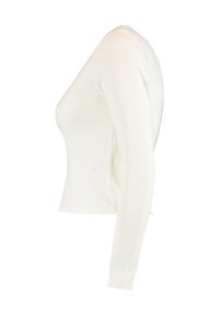 Weiße, langärmlige Ripp-Top mit figurbetontem Design, rundem Halsausschnitt und cropped Saum. Hergestellt aus dehnbarem Stoff für Komfort und Bewegungsfreiheit.