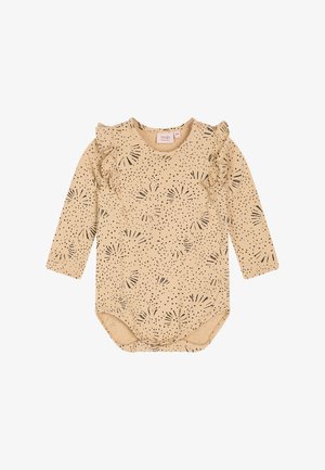 Langarm-Babybody aus beigem Baumwollstoff mit schwarzem Sprenkelmuster, mit Rüschendetails an den Schultern und Druckknöpfen am Boden.