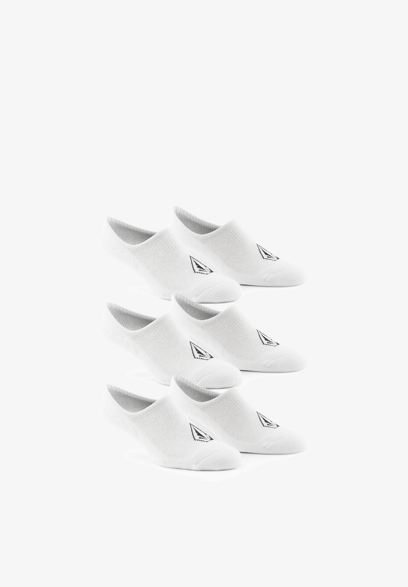 Six paires de chaussettes invisibles blanches disposées en trois piles, chacune avec un logo géométrique noir sur le dessus à l'avant.
