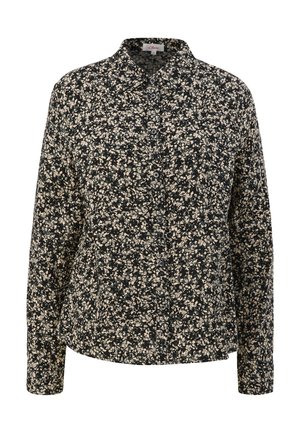 Chemise noire à boutons avec un imprimé floral crème, dotée d'un col classique et de manches longues. Fabriquée en tissu léger.