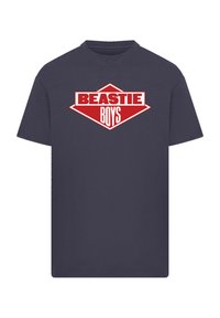 Navy blue cotton t-shirt featuring a large red graphic logo with the text "BEASTIE BOYS" in white and red bold typography. Short sleeves, crew neck.