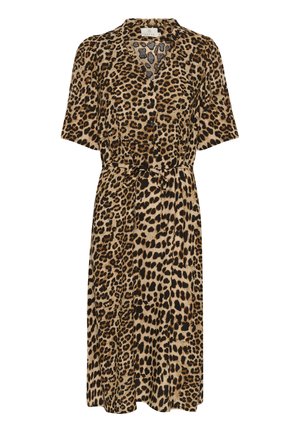 Leopard-print dress with short sleeves, a V-neck, belted waist, and flowing material in shades of tan and black.