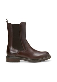 Bottines Chelsea en cuir marron avec des panneaux élastiques sur les côtés, bout arrondi et semelle en caoutchouc texturée. Dotées d'une petite languette à l'arrière pour un enfilage facile.