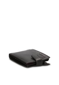 Zwarte lederen portemonnee met een gladde textuur, opvouwbaar ontwerp en een veilige sluitriem. Heeft een subtiel logo aan de buitenkant.