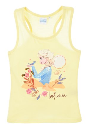 Geel katoenen tanktop met een grafische print van een personage met bloemaccenten en de tekst "geloof" in een speelse lettertype.