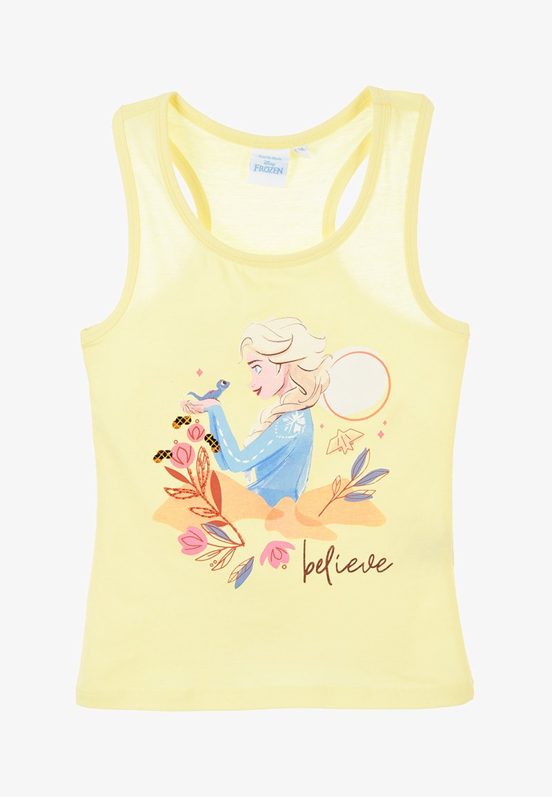 Canottiera di cotone gialla con una stampa grafica di un personaggio arricchita da accenti floreali e la scritta "believe" in un carattere giocoso.