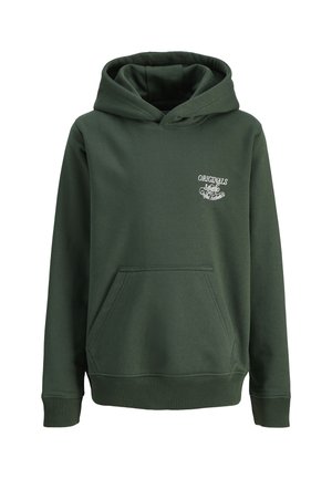 Grüne Kapuzenjacke mit einer Vorderasche, gerippten Bündchen und Saum, mit weißem "ORIGINALS"-Text auf der linken Brust. Hergestellt aus weichem Stoff.