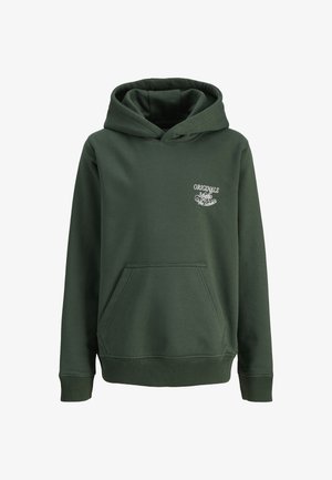 Grüne Kapuzenjacke mit einer Vorderasche, gerippten Bündchen und Saum, mit weißem "ORIGINALS"-Text auf der linken Brust. Hergestellt aus weichem Stoff.